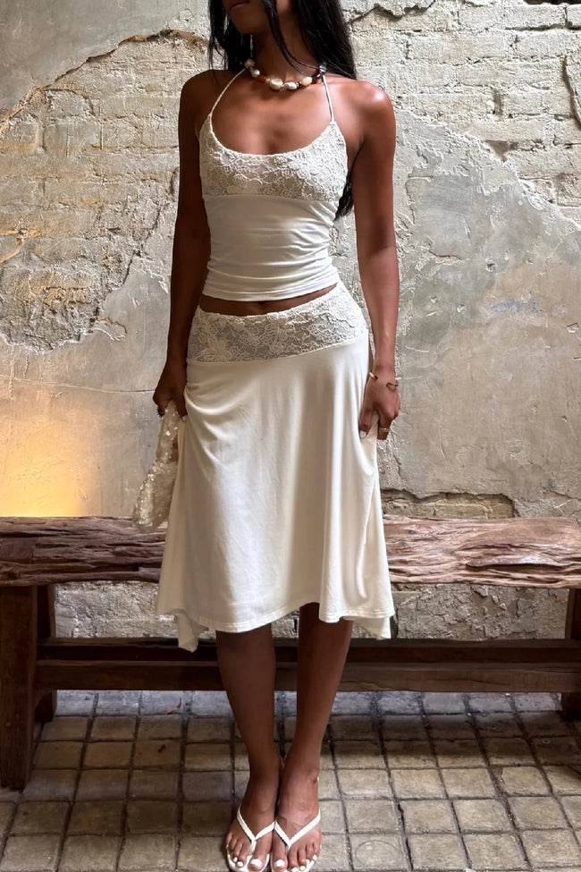 White Lace Waist Asymmetric Skirt Main Image
