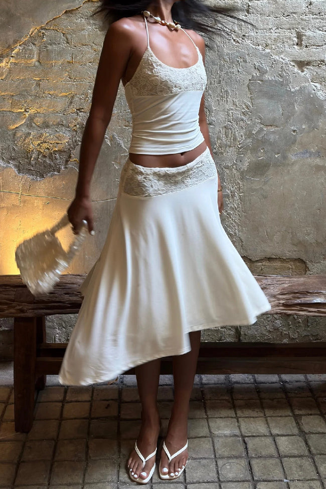 White Lace Waist Asymmetric Skirt Hover Image