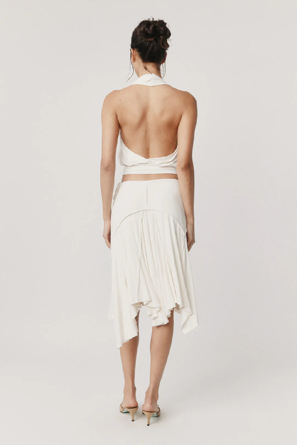 White Ruched Asymmetric Midi Skirt