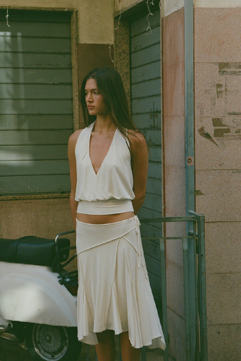 White Ruched Asymmetric Midi Skirt