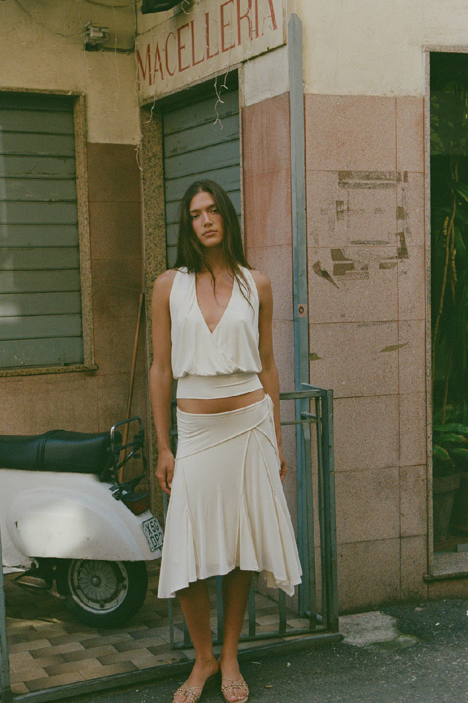White Ruched Asymmetric Midi Skirt
