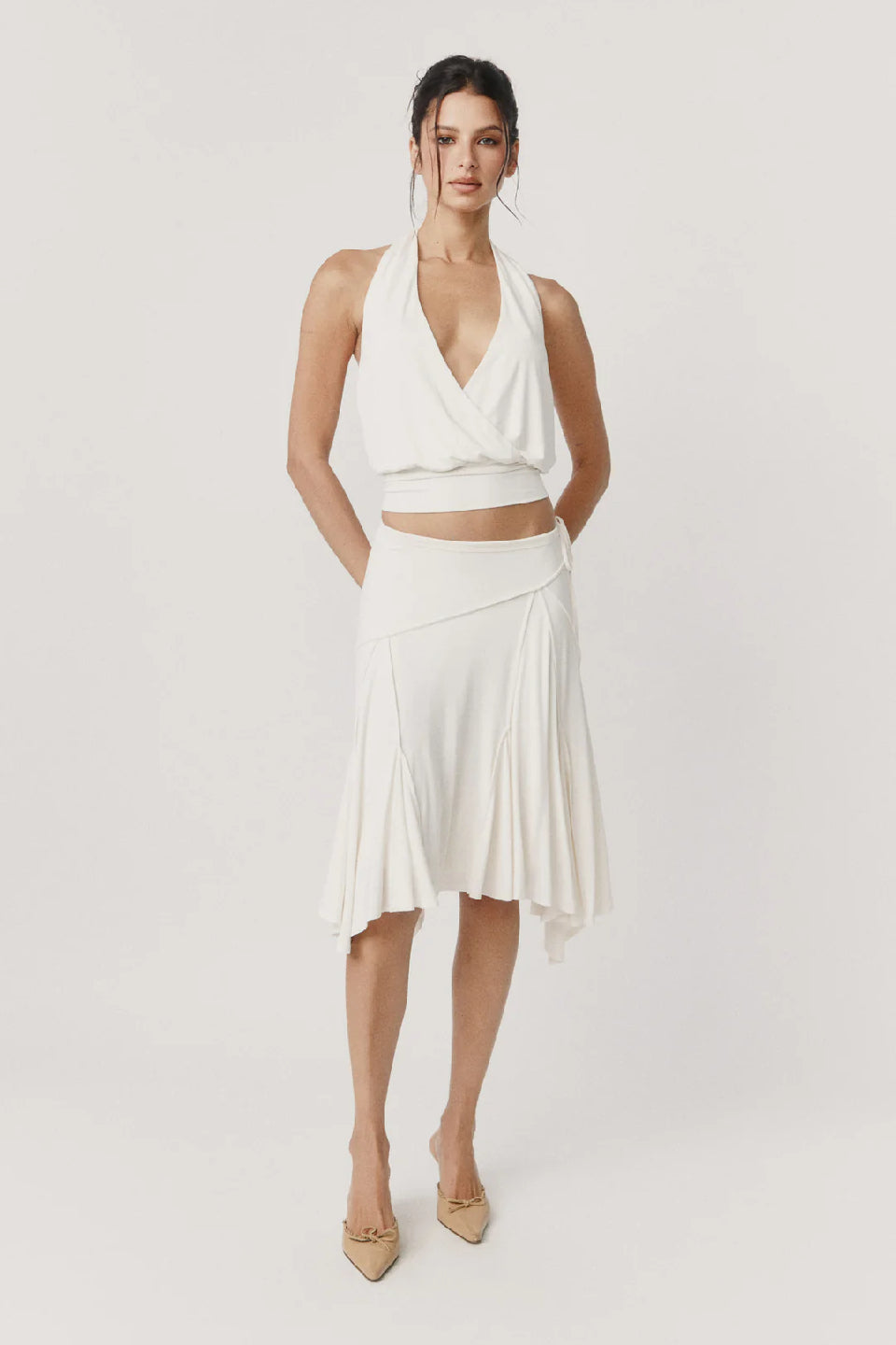 White Ruched Asymmetric Midi Skirt