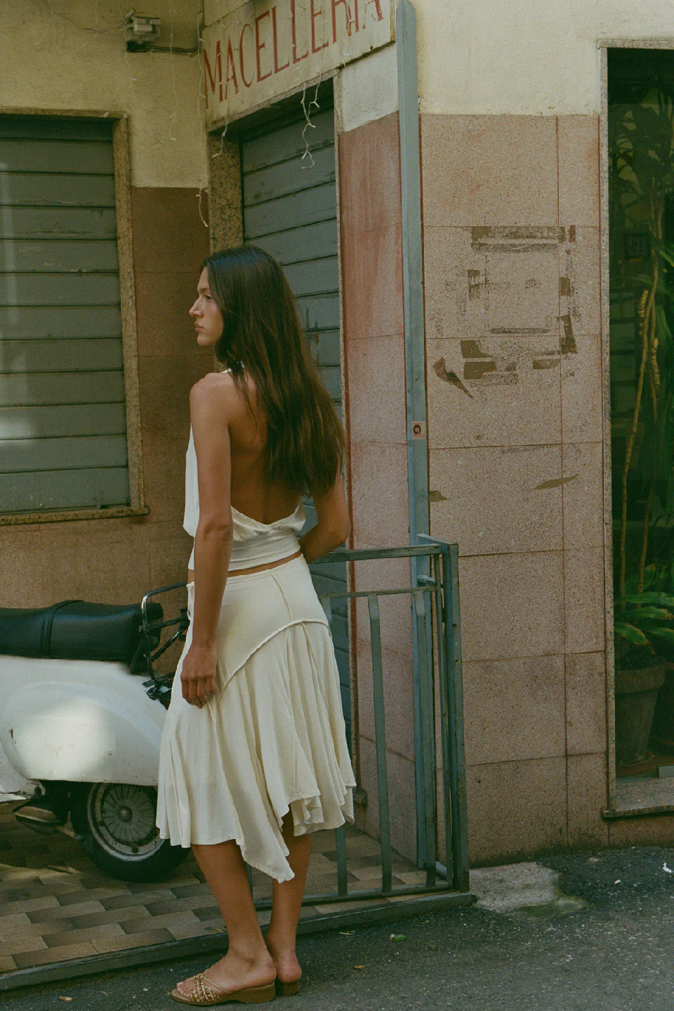 White Ruched Asymmetric Midi Skirt