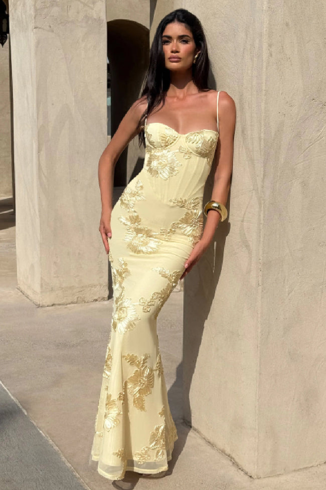 Cream 3D Floral Fishtail Gown Main Image