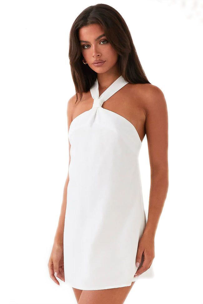 White Halter Bow Mini Dress Hover Image