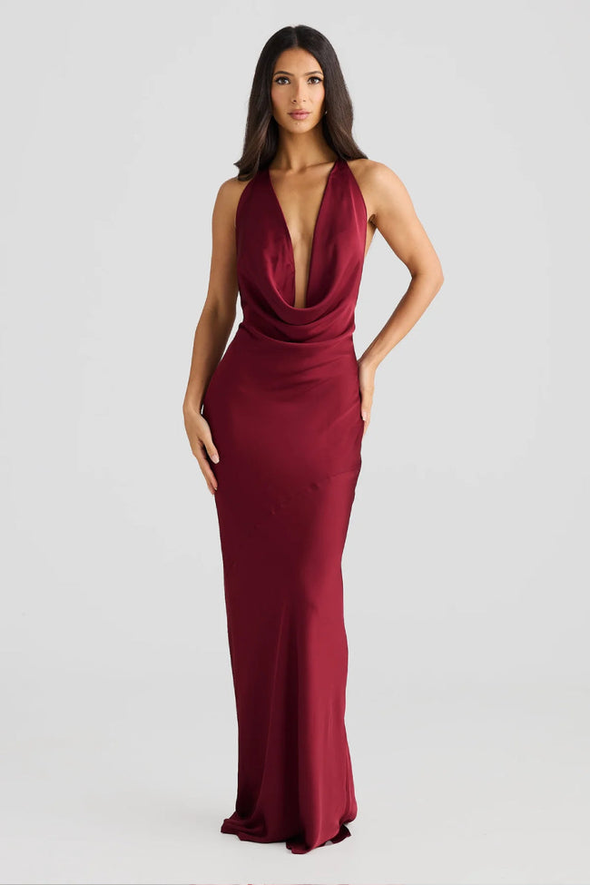 Burgundy Satin Maxi Dress Hover Image