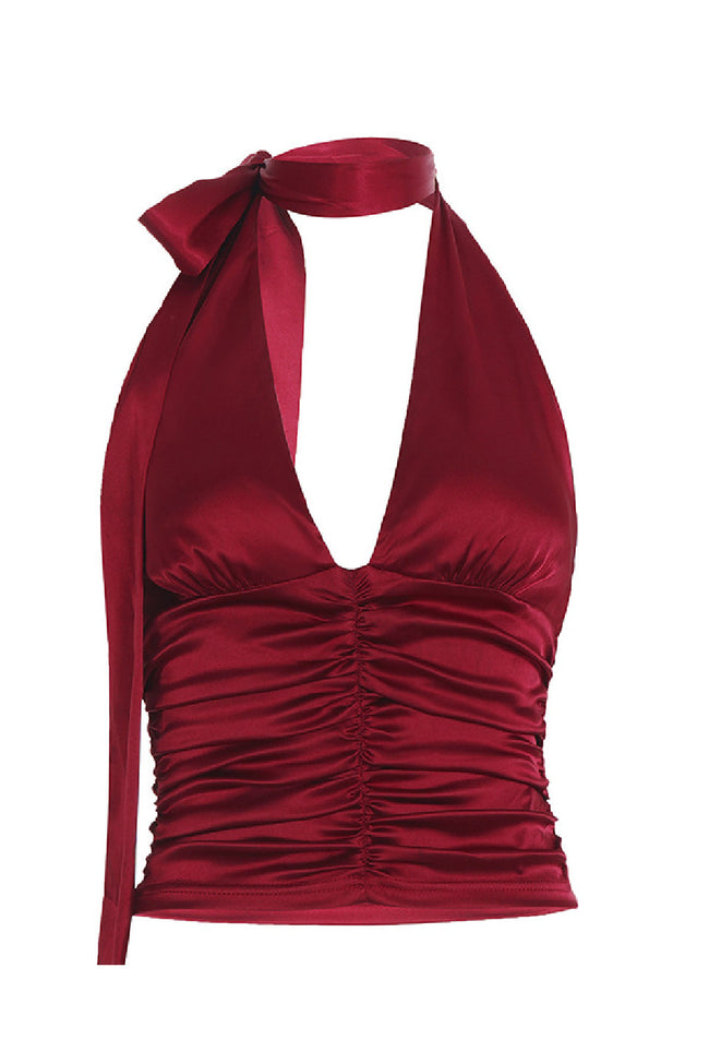 Red Satin Halter Streamer Top Main Image