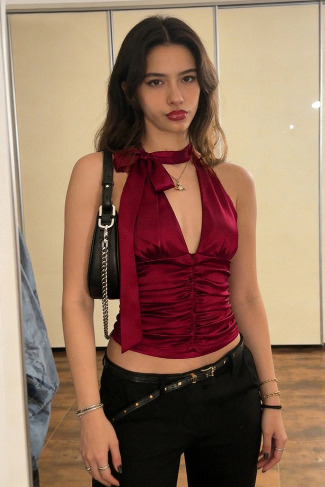 Red Satin Halter Streamer Top Hover Image