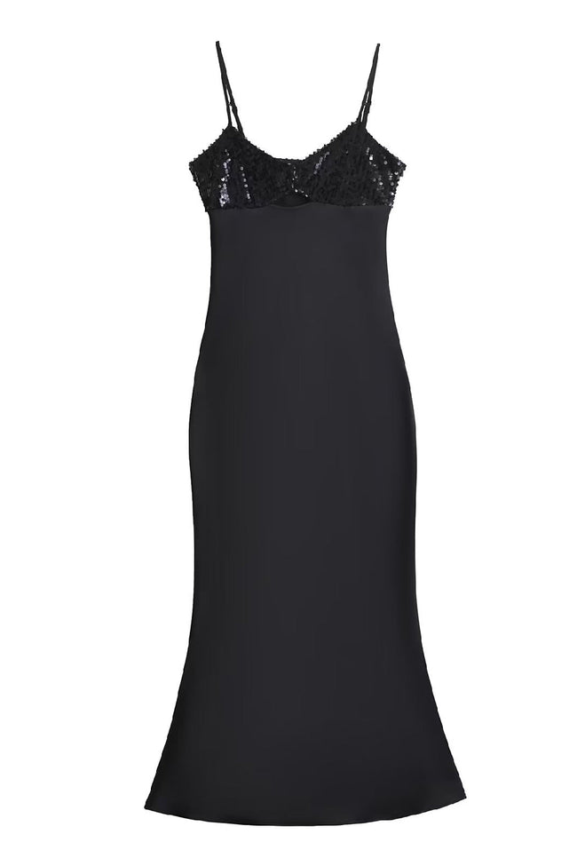 Black Sequin Lace Fishtail Midi Dress Main Image