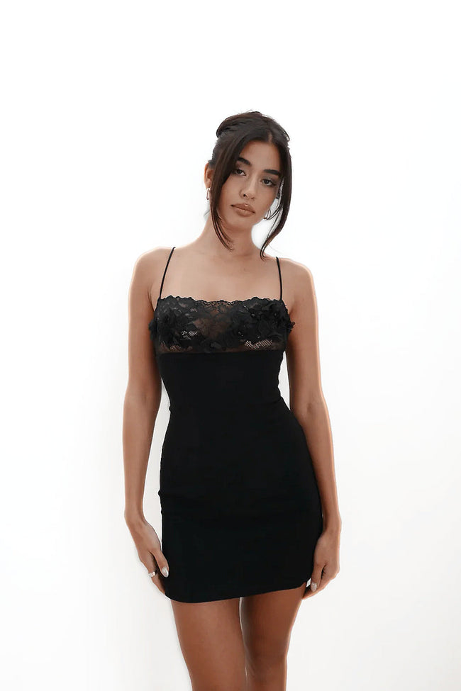 Black Lace Sheer Open Back Mini Dress Main Image