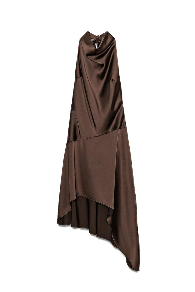Brown Halter Satin Open Back Midi Dress Main Image