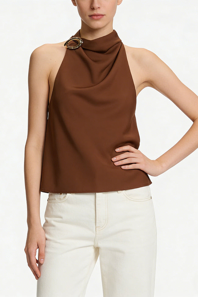 Brown Halter Ring Back Sleeveless Top Main Image