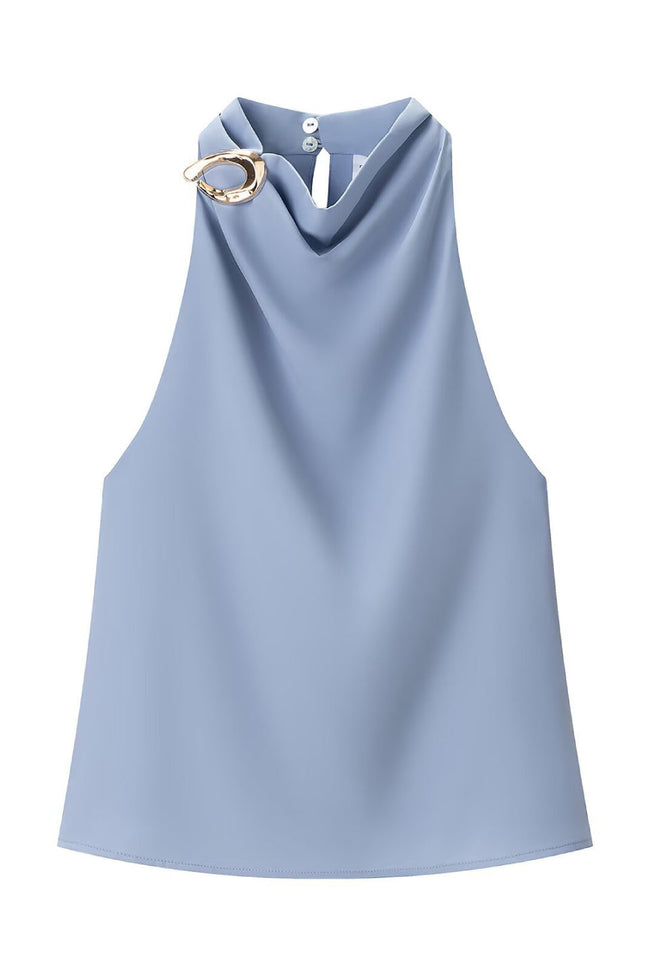 Blue Halter Ring Back Sleeveless Top Hover Image