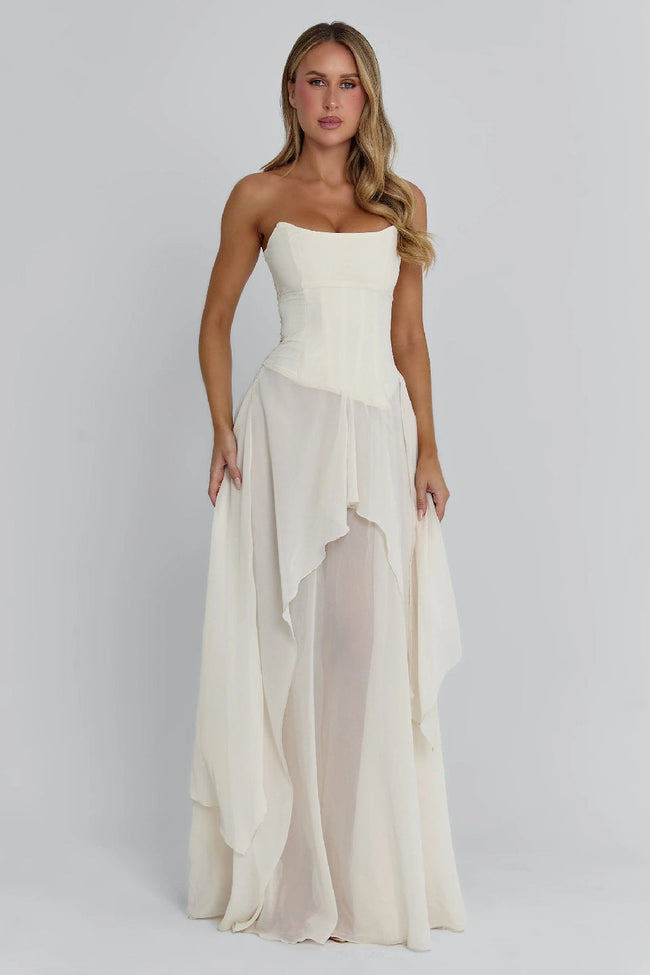 Ivory Boned Chiffon Layered Maxi Dress Hover Image