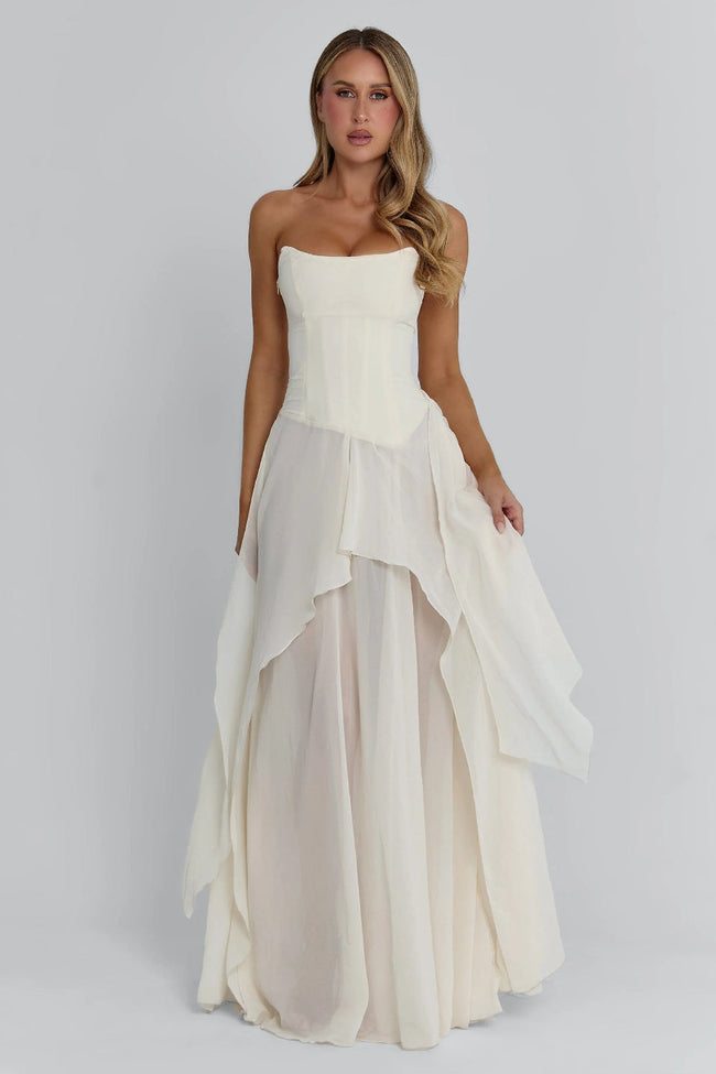 Ivory Boned Chiffon Layered Maxi Dress Main Image