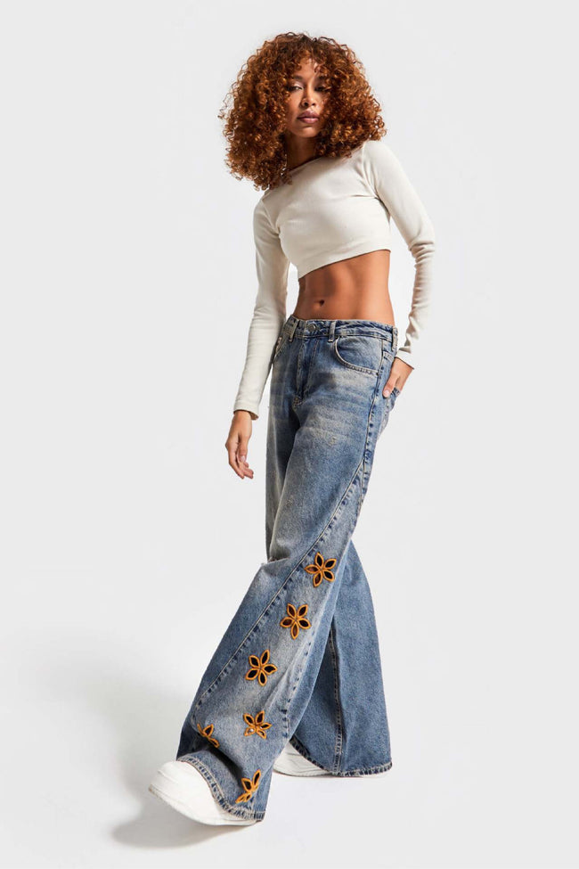 Floral Cutout Distressed Wide Jeans Main Image