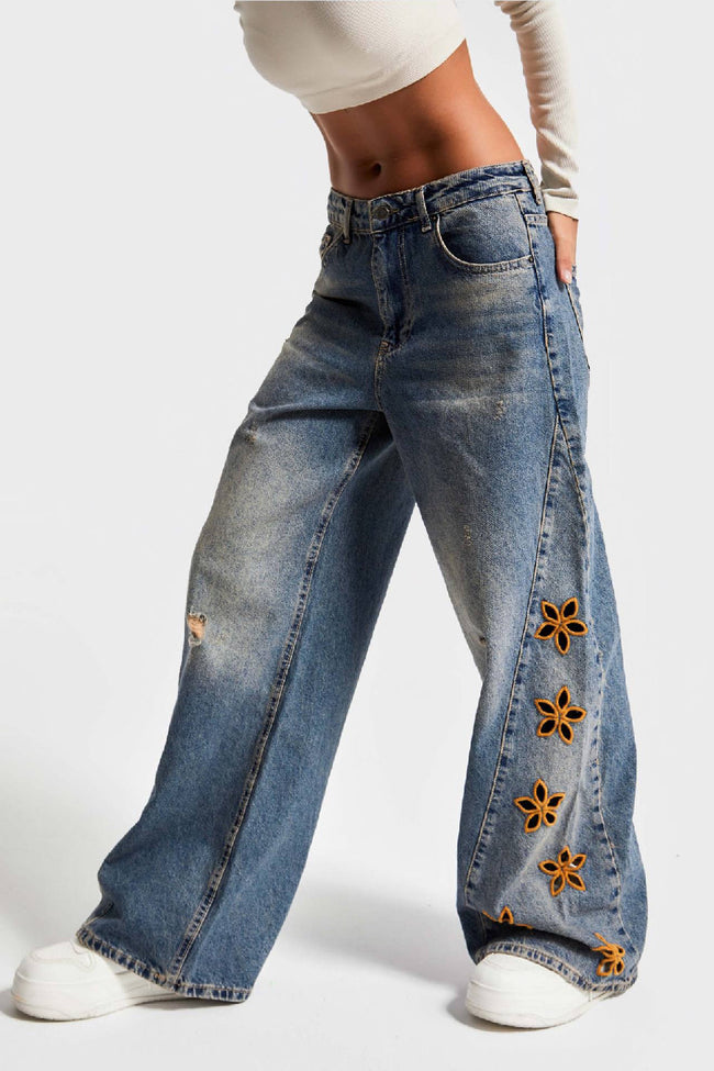 Floral Cutout Distressed Wide Jeans Hover Image