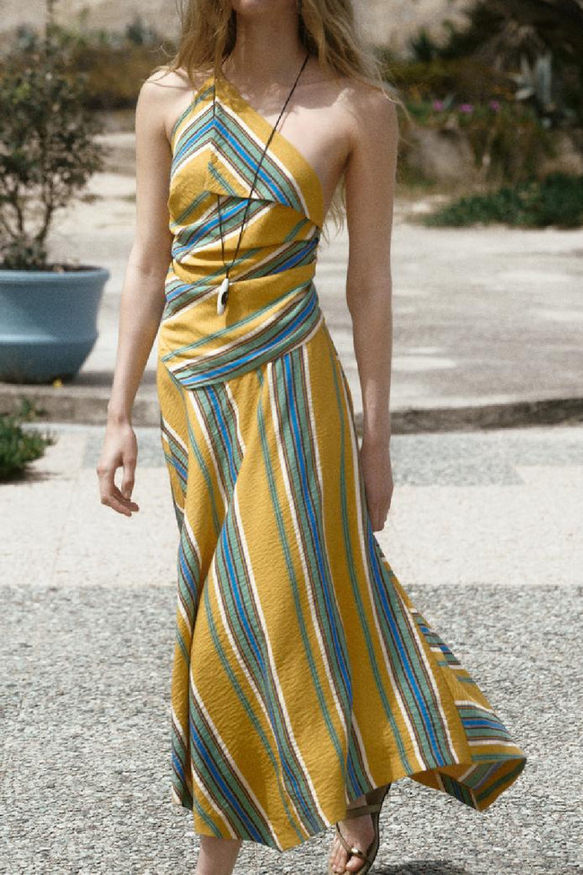 Striped One Shoulder Midi Dress Hover Image