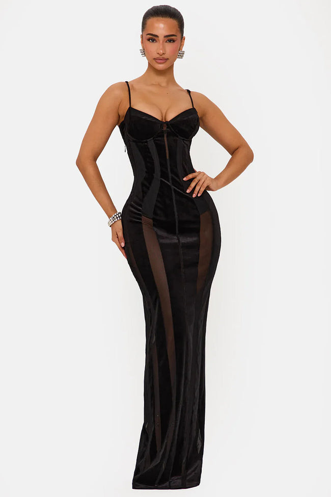 Black Velvet Mesh Corset Gown Hover Image