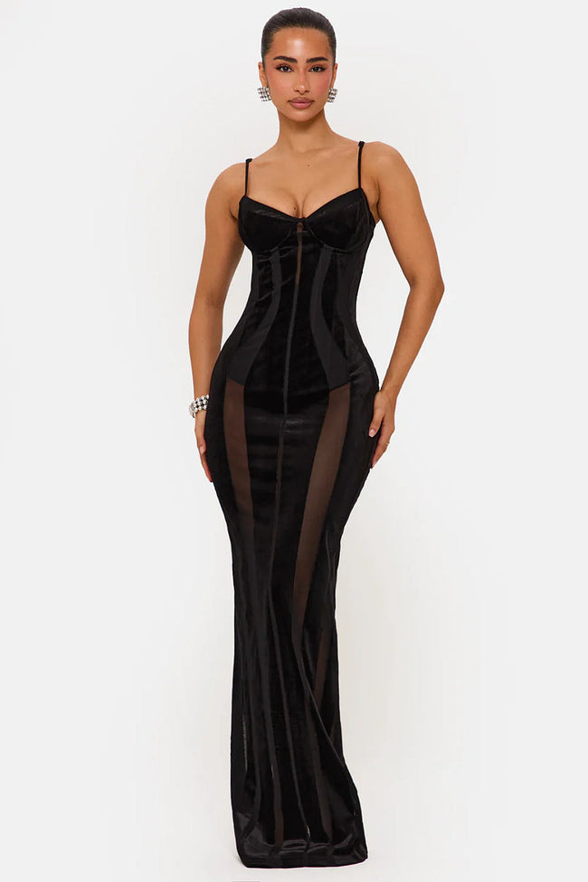 Black Velvet Mesh Corset Gown Main Image