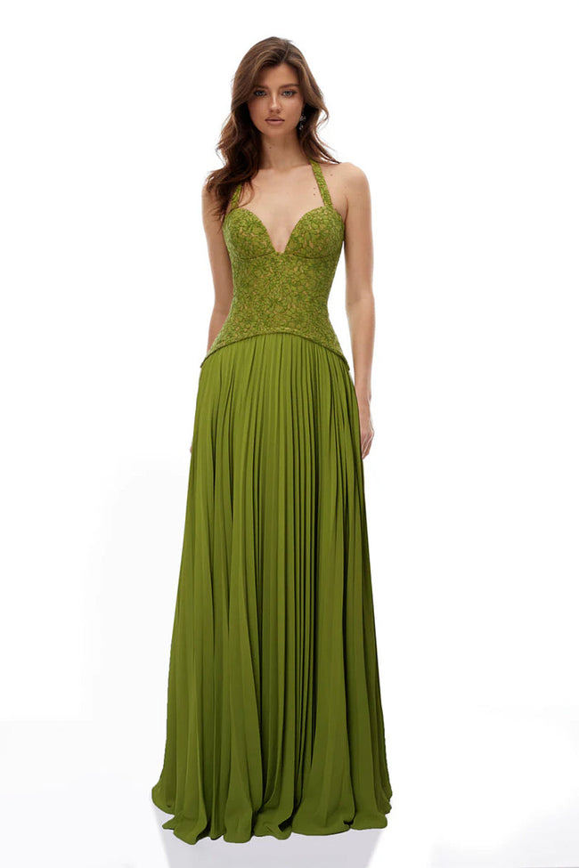 Green Lace Corset Pleated Gown Hover Image