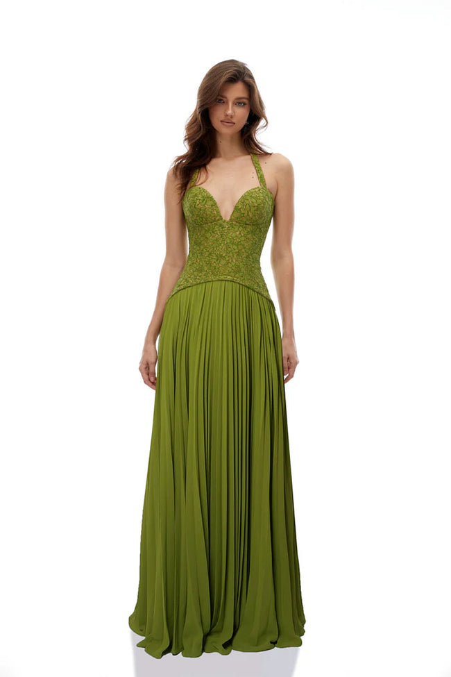 Green Lace Corset Pleated Gown Main Image