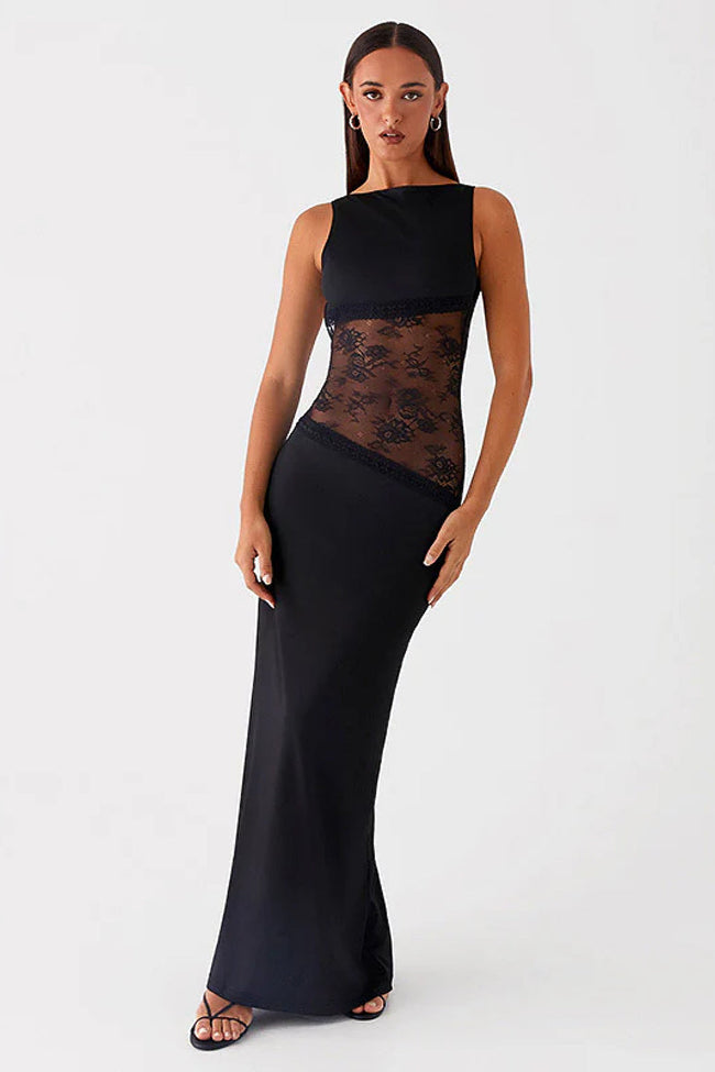 Black Lace Waist Open Back Maxi Dress Main Image