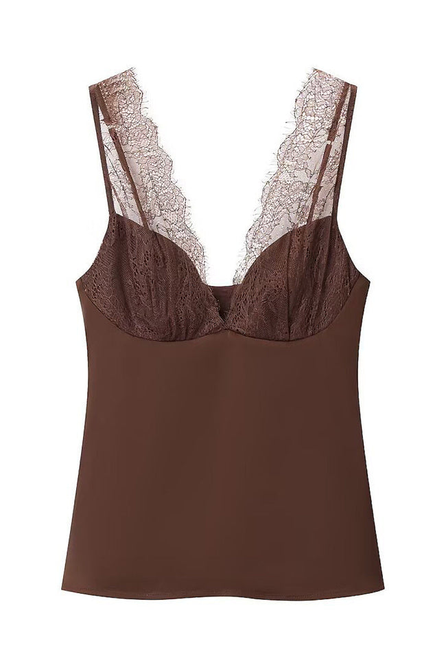 Brown Satin Lace Bustier Cami Top Hover Image