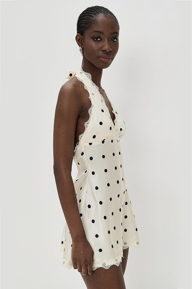 Cream Dot Halter Lace Bow Mini Dress Main Image