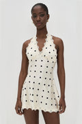 Cream Dot Halter Lace Bow Mini Dress
