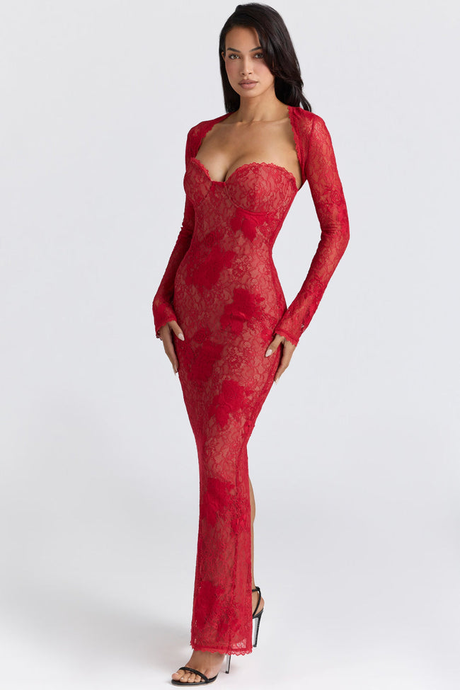 Red Lace Sleeve Bodycon Maxi Dress Main Image
