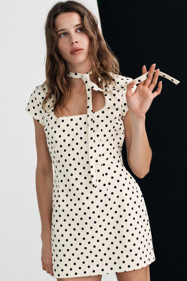 Cream Dot Square Neck Tie Mini Dress Main Image