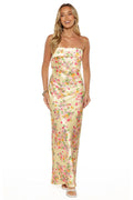 Butter Yellow Floral Satin Maxi Dress