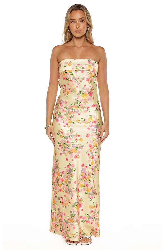 Butter Yellow Floral Satin Maxi Dress Main Image