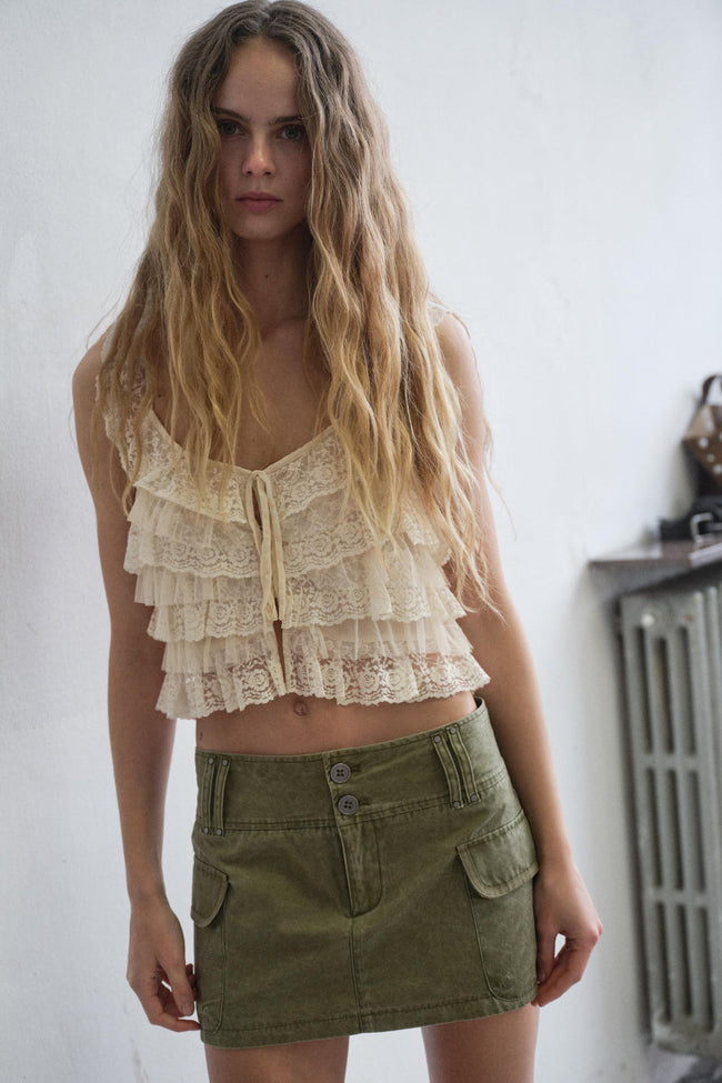 Cream Lace Ruffle Tiered Crop Top Hover Image