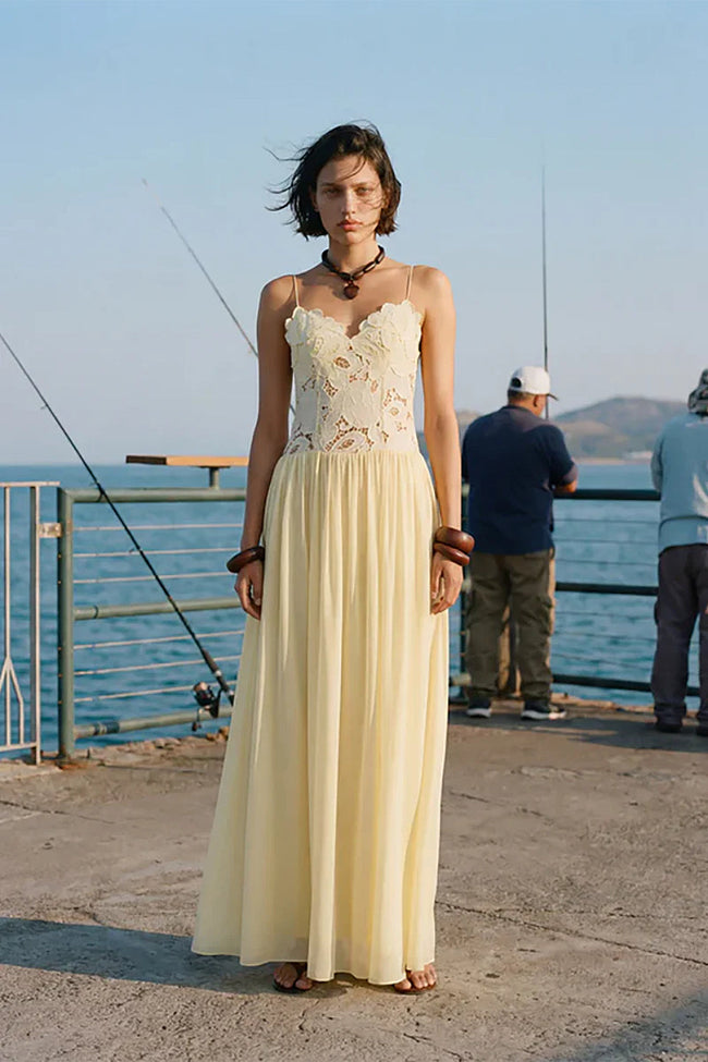 Yellow Floral Lace Maxi Dress Hover Image
