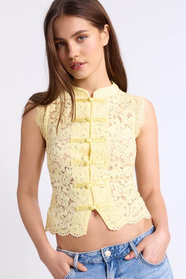Yellow Lace Mandarin Crop Top Main Image