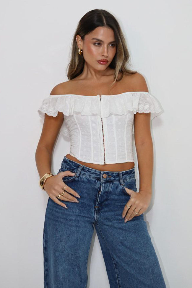 White Eyelet Corset Crop Top Hover Image