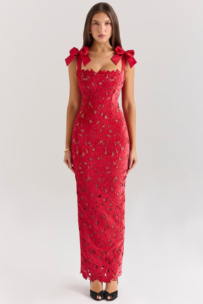 Red Floral Lace Maxi Dress Hover Image