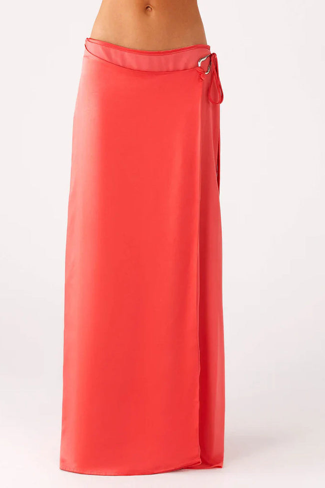 Coral Satin Wrap Maxi Skirt Hover Image
