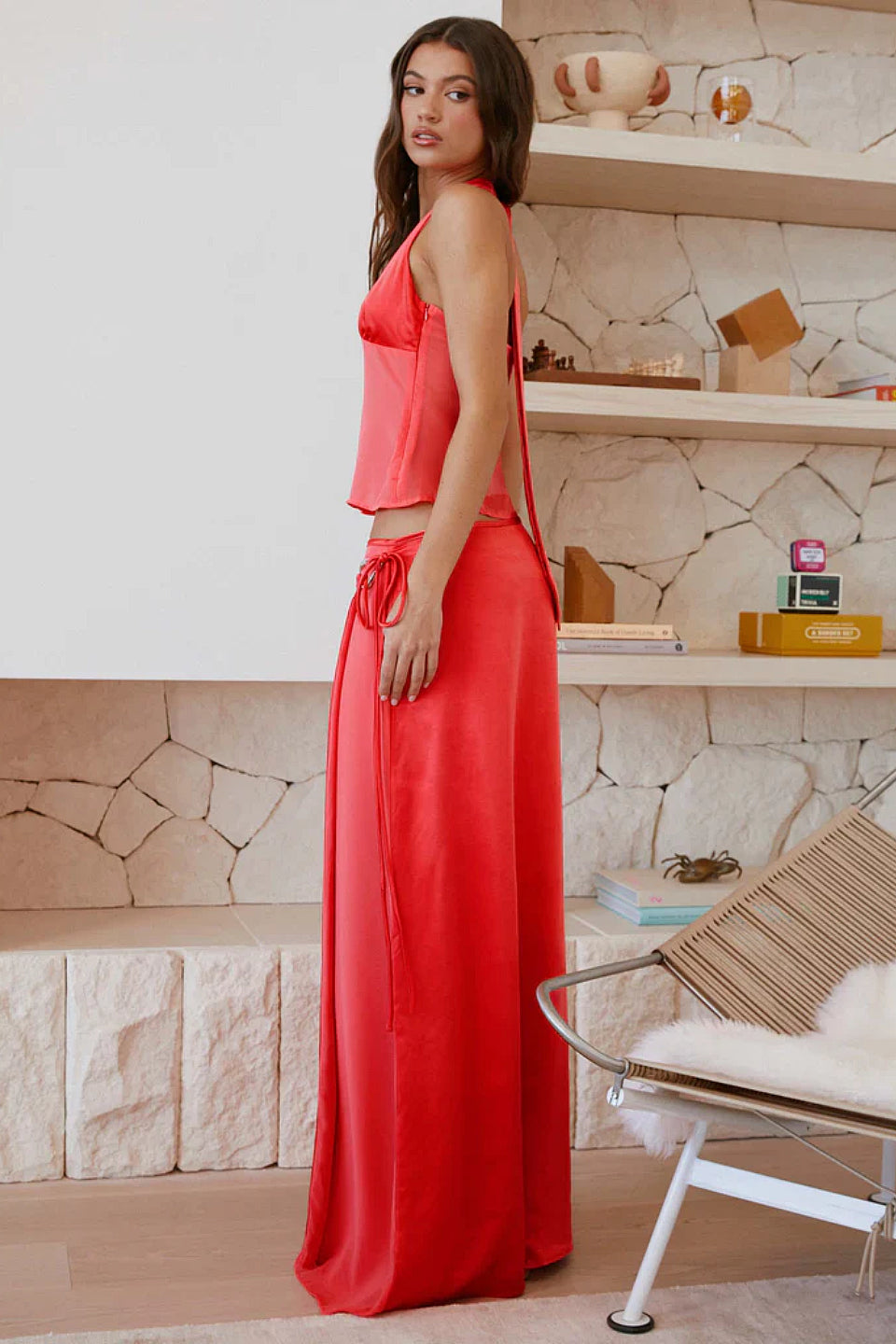 Coral Satin Wrap Maxi Skirt