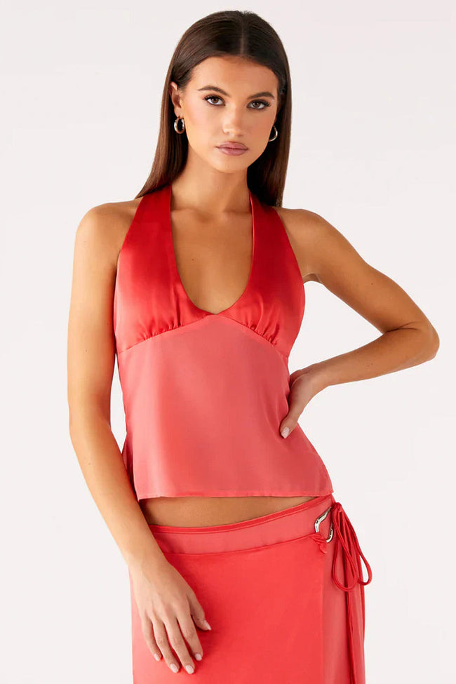 Coral Satin Halter Top Hover Image