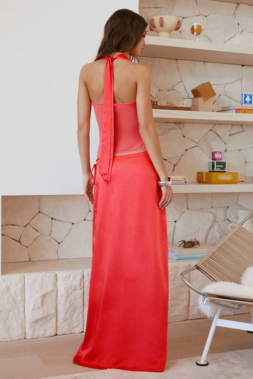 Coral Satin Wrap Maxi Skirt