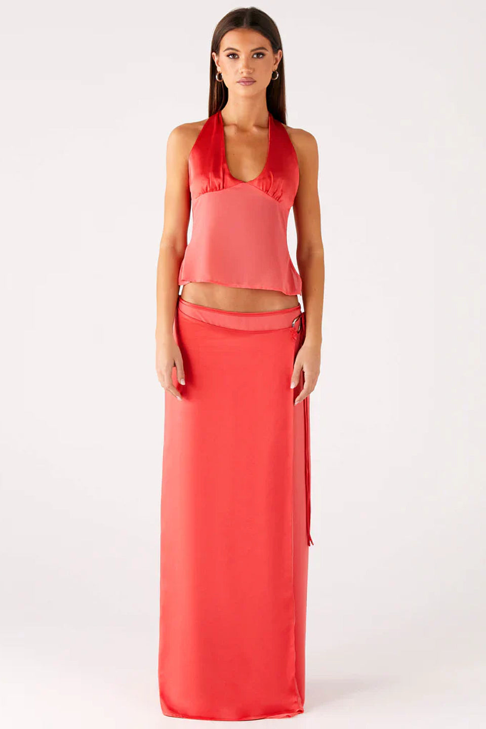 Coral Satin Wrap Maxi Skirt