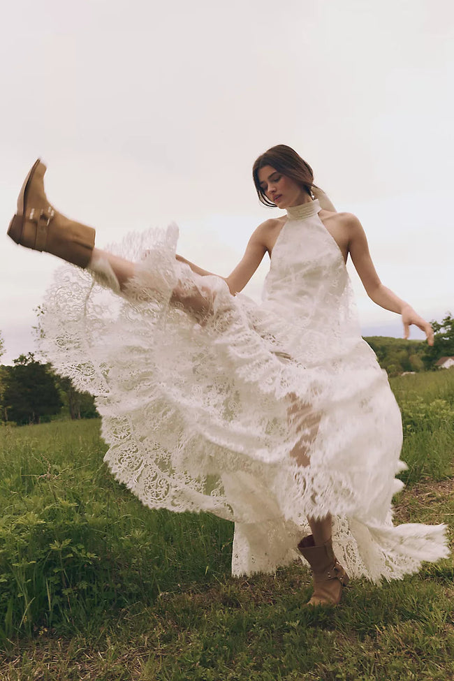 White Lace Halter Maxi Dress Hover Image