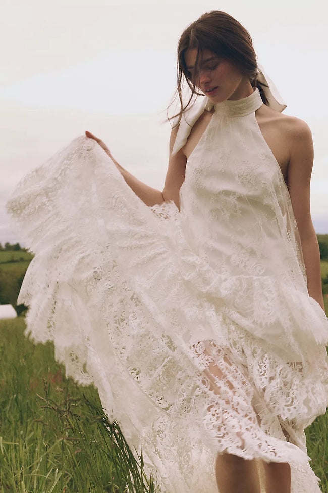 White Lace Halter Maxi Dress Main Image