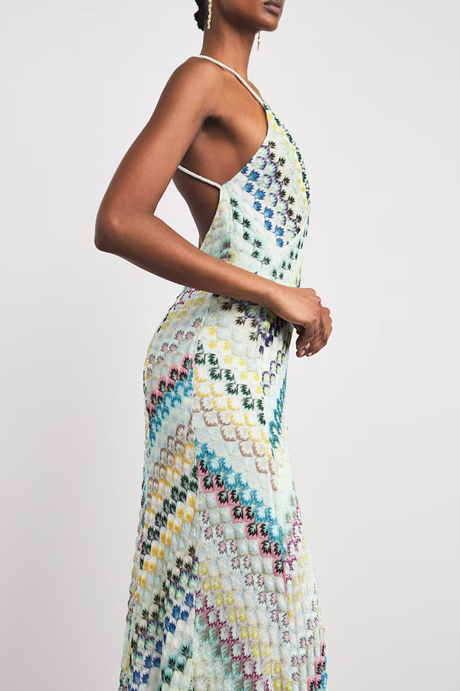 Blue-Green Crochet Halter Maxi Dress Main Image