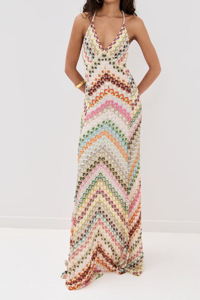 Colorful Crochet Halter Maxi Dress Hover Image