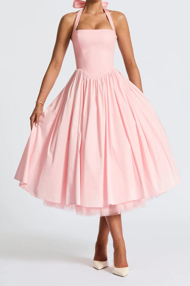 Baby Pink Halter Corset Midi Dress Hover Image
