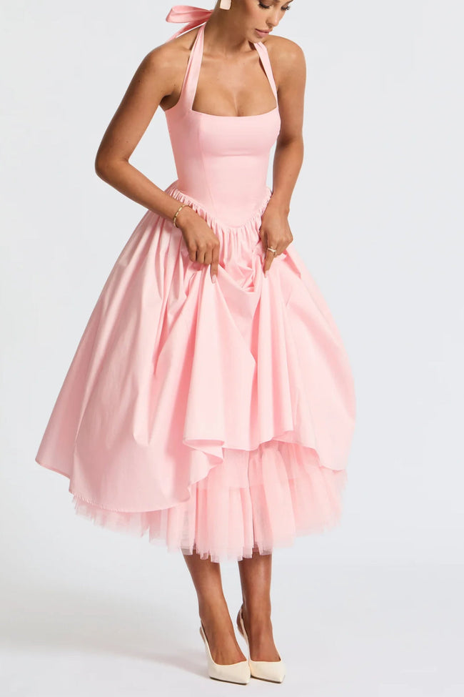 Baby Pink Halter Corset Midi Dress Main Image